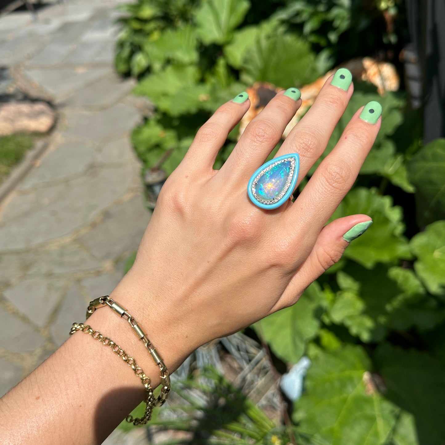 14KT Yellow Gold Large Pear Shaped Opal + Diamond + Turquoise Halo Design Ring