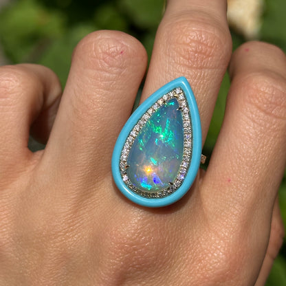 14KT Yellow Gold Large Pear Shaped Opal + Diamond + Turquoise Halo Design Ring