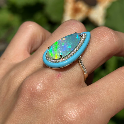 14KT Yellow Gold Large Pear Shaped Opal + Diamond + Turquoise Halo Design Ring