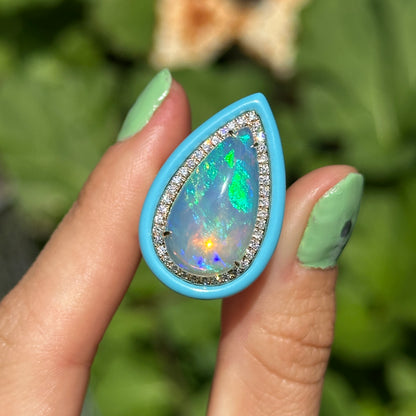 14KT Yellow Gold Large Pear Shaped Opal + Diamond + Turquoise Halo Design Ring