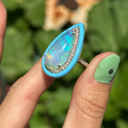 14KT Yellow Gold Large Pear Shaped Opal + Diamond + Turquoise Halo Design Ring