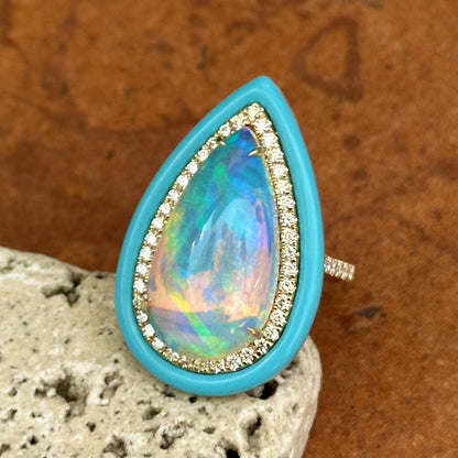 14KT Yellow Gold Large Pear Shaped Opal + Diamond + Turquoise Halo Design Ring