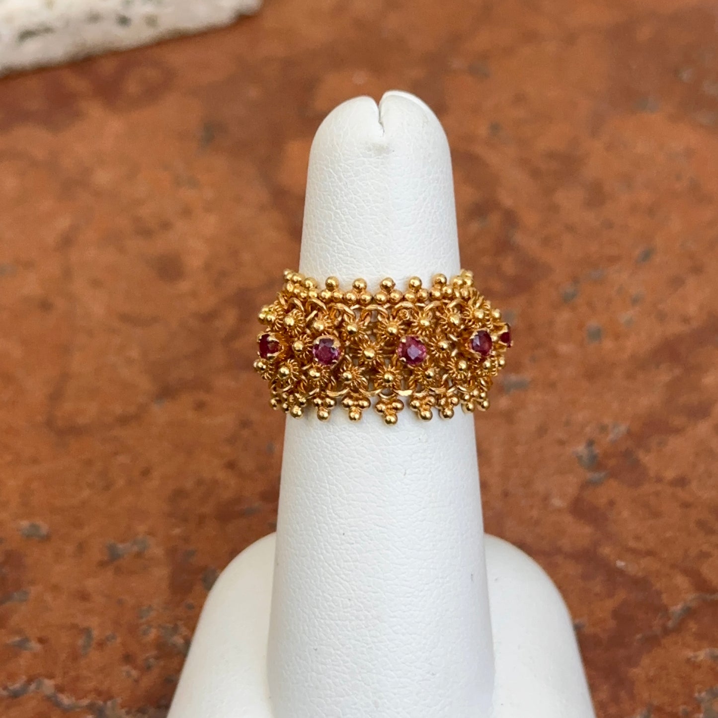 Estate 14KT Yellow Gold Byzantine Ruby Stretch Band Ring