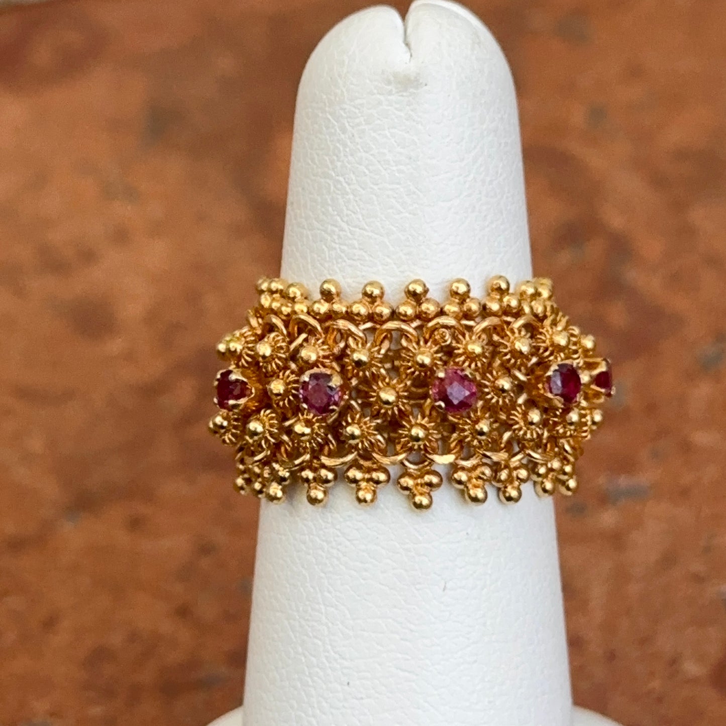 Estate 14KT Yellow Gold Byzantine Ruby Stretch Band Ring