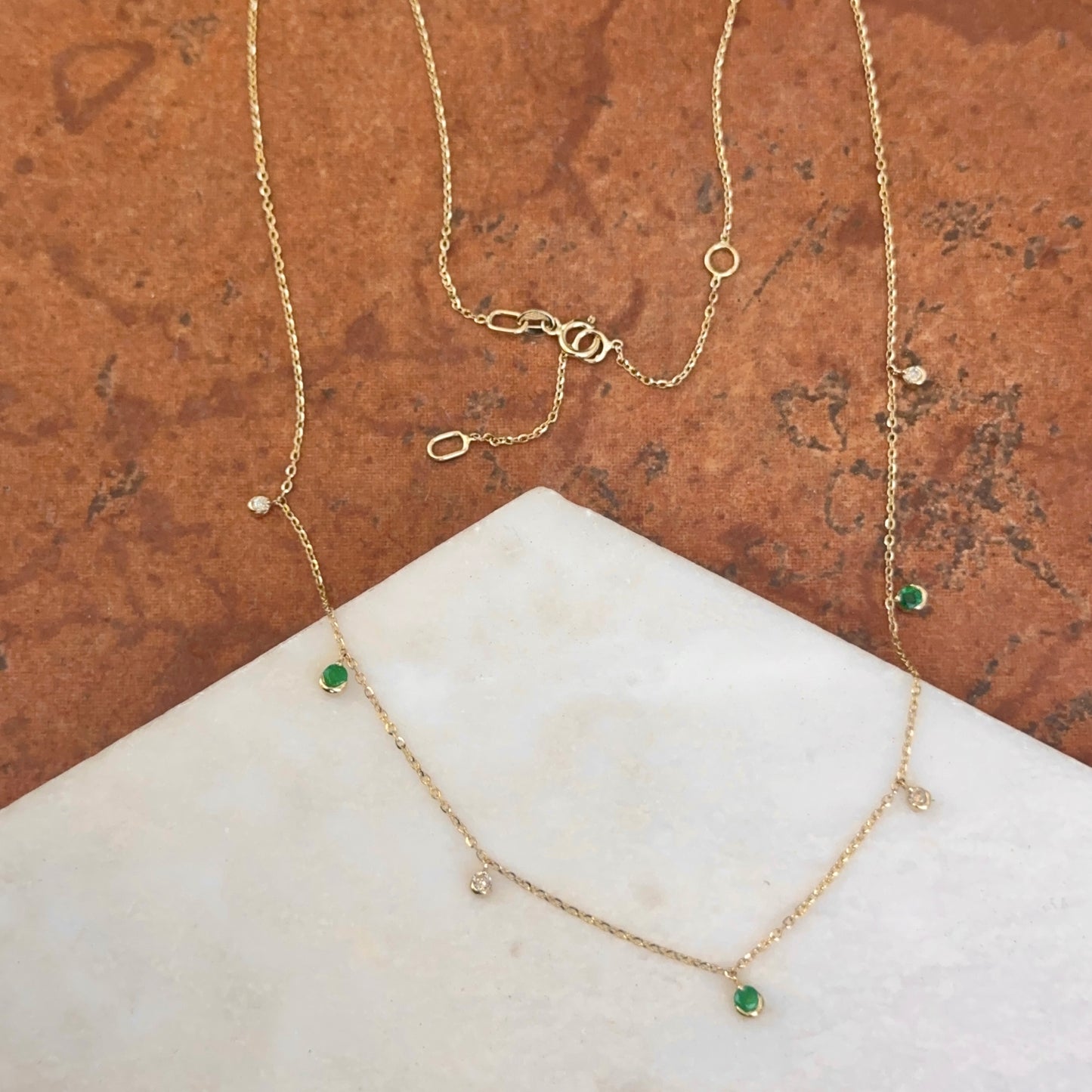 Estate 14KT Yellow Gold Emerald + Diamond Station Chain Necklace