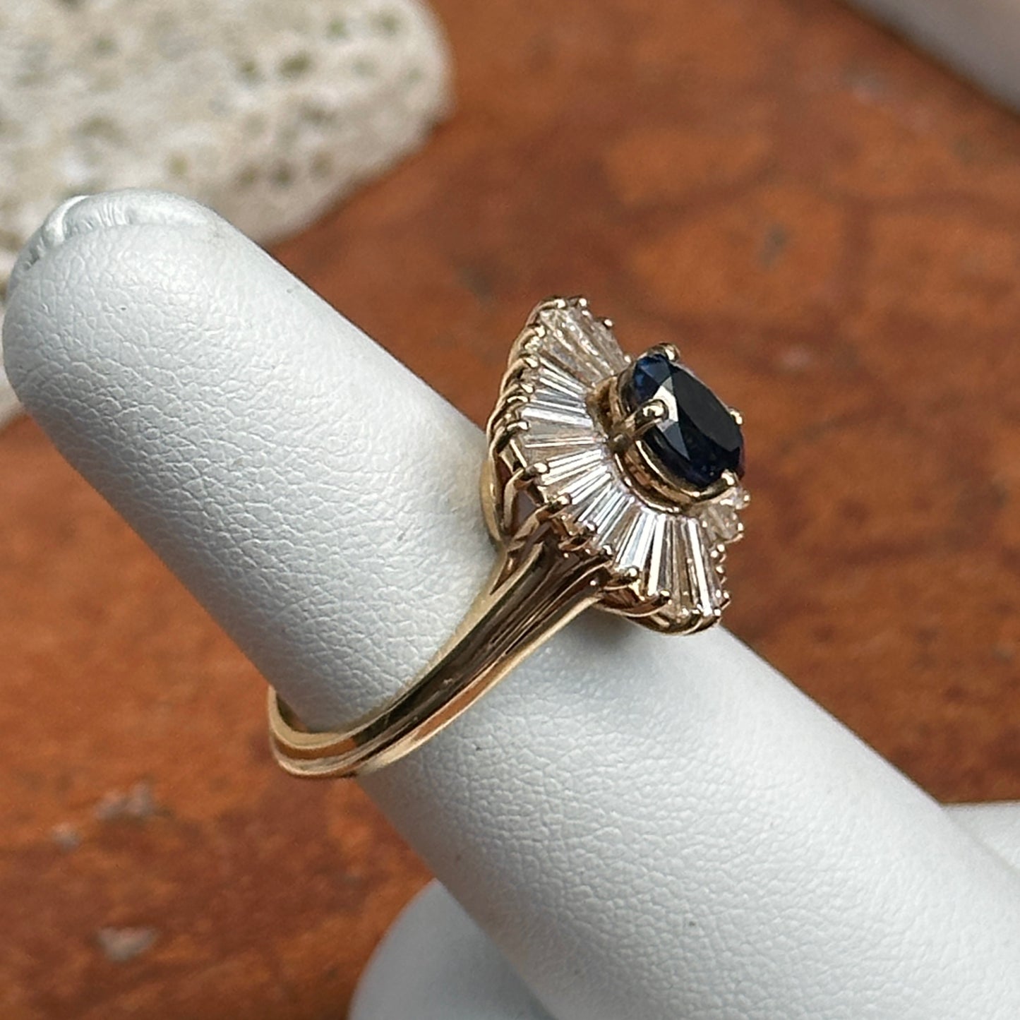 Estate 14KT Yellow Gold Oval Sapphire + Baguette Diamond Halo Ring - LSJ