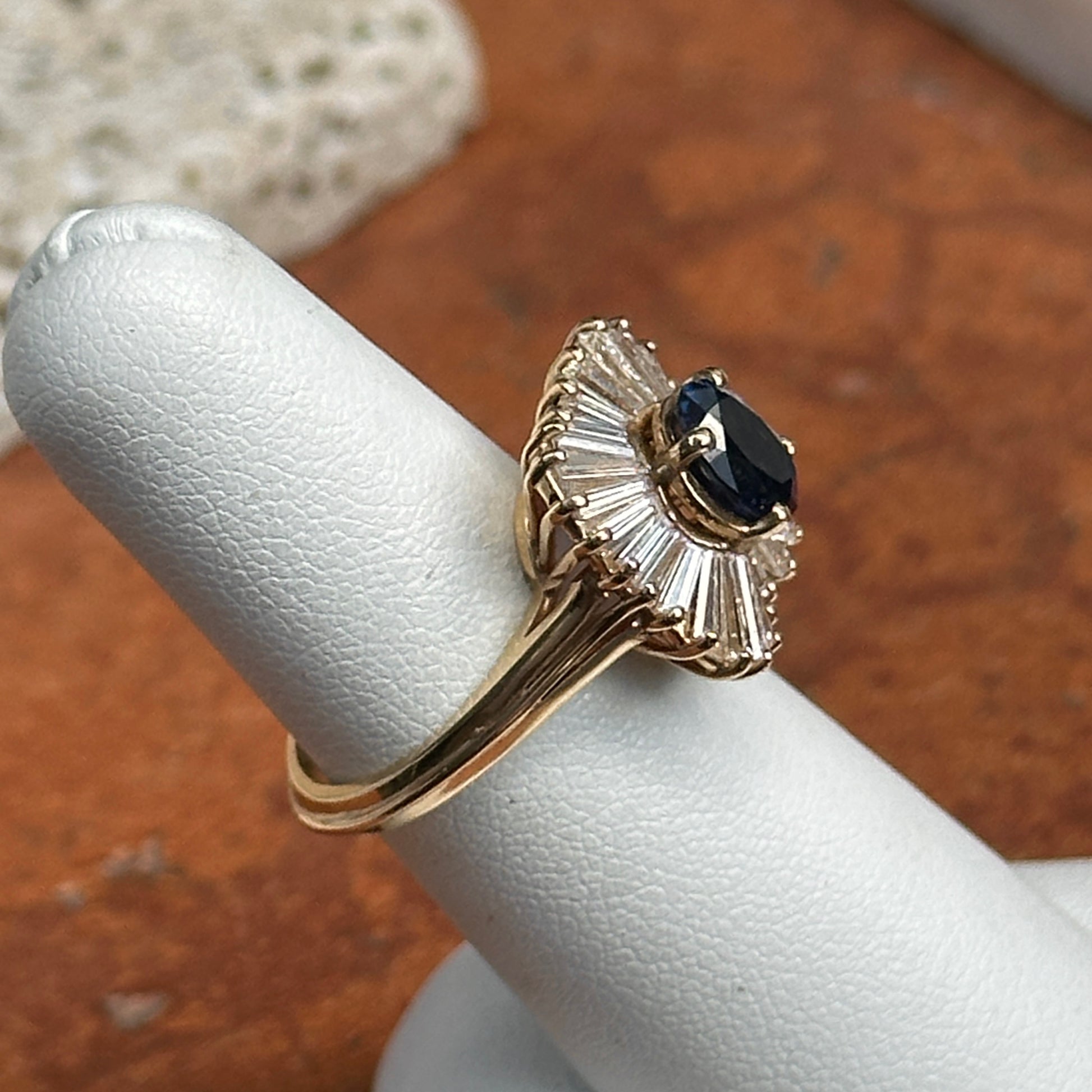 Estate 14KT Yellow Gold Oval Sapphire + Baguette Diamond Halo Ring - LSJ