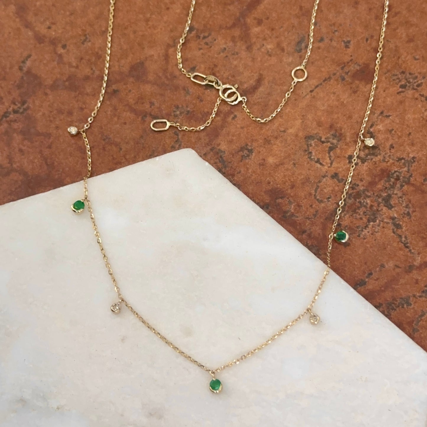 Estate 14KT Yellow Gold Emerald + Diamond Station Chain Necklace