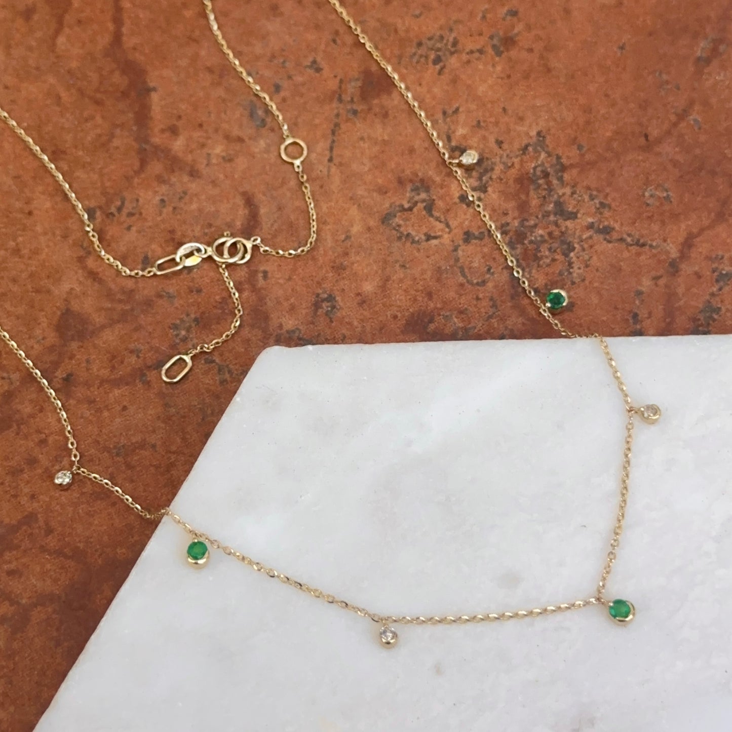 Estate 14KT Yellow Gold Emerald + Diamond Station Chain Necklace