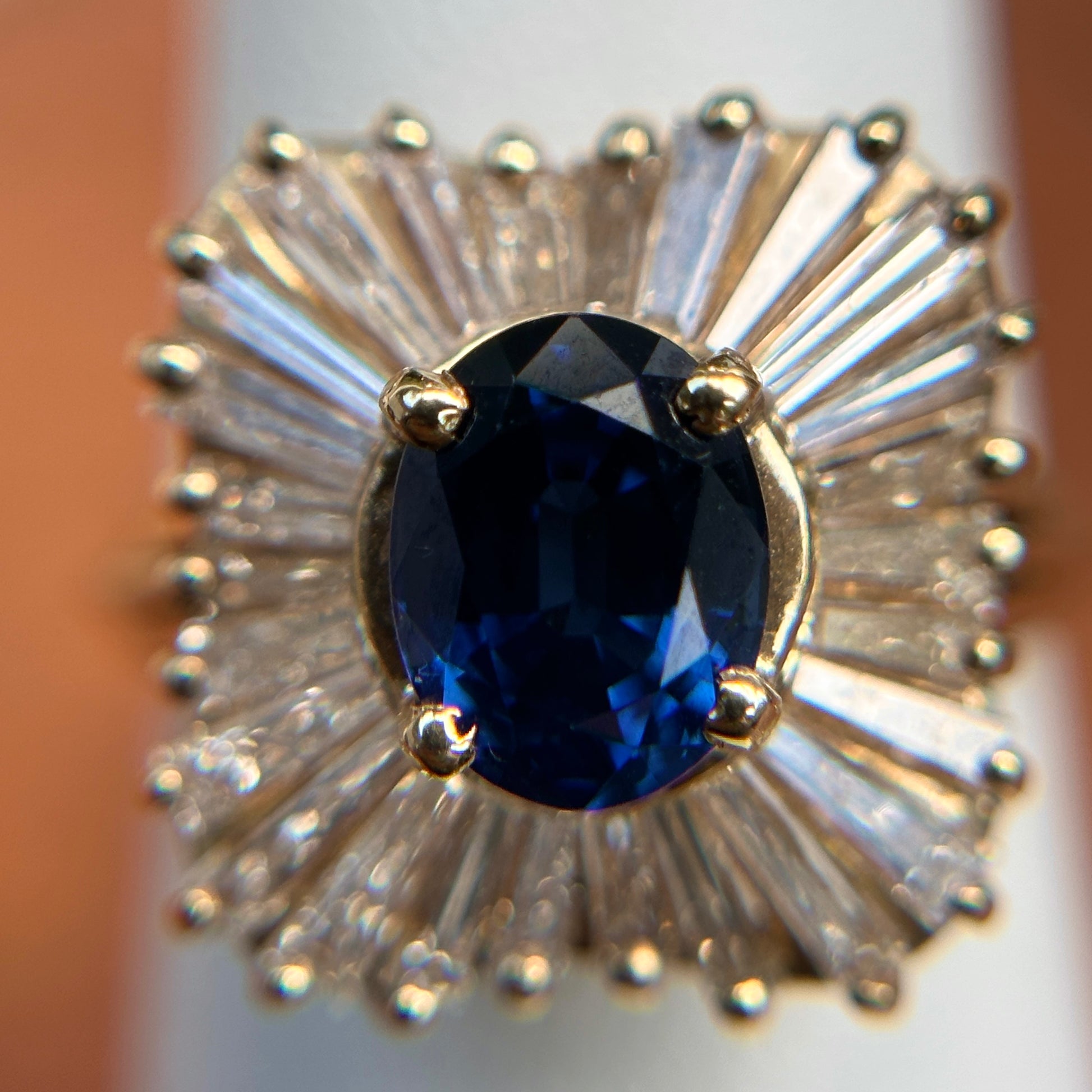 Estate 14KT Yellow Gold Oval Sapphire + Baguette Diamond Halo Ring - LSJ