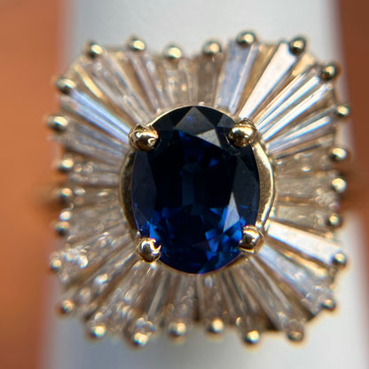 Estate 14KT Yellow Gold Oval Sapphire + Baguette Diamond Halo Ring - LSJ