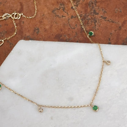 Estate 14KT Yellow Gold Emerald + Diamond Station Chain Necklace