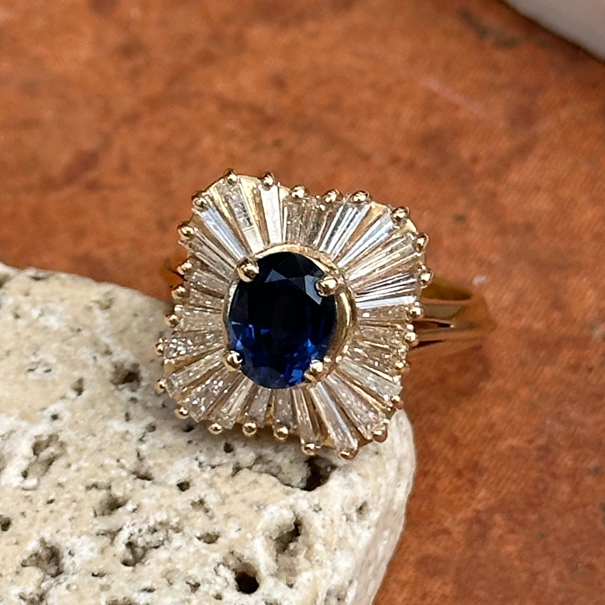 Estate 14KT Yellow Gold Oval Sapphire + Baguette Diamond Halo Ring - LSJ