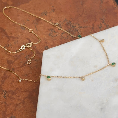 Estate 14KT Yellow Gold Emerald + Diamond Station Chain Necklace