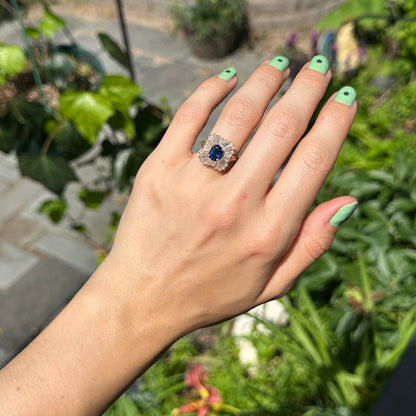 Estate 14KT Yellow Gold Oval Sapphire + Baguette Diamond Halo Ring - LSJ
