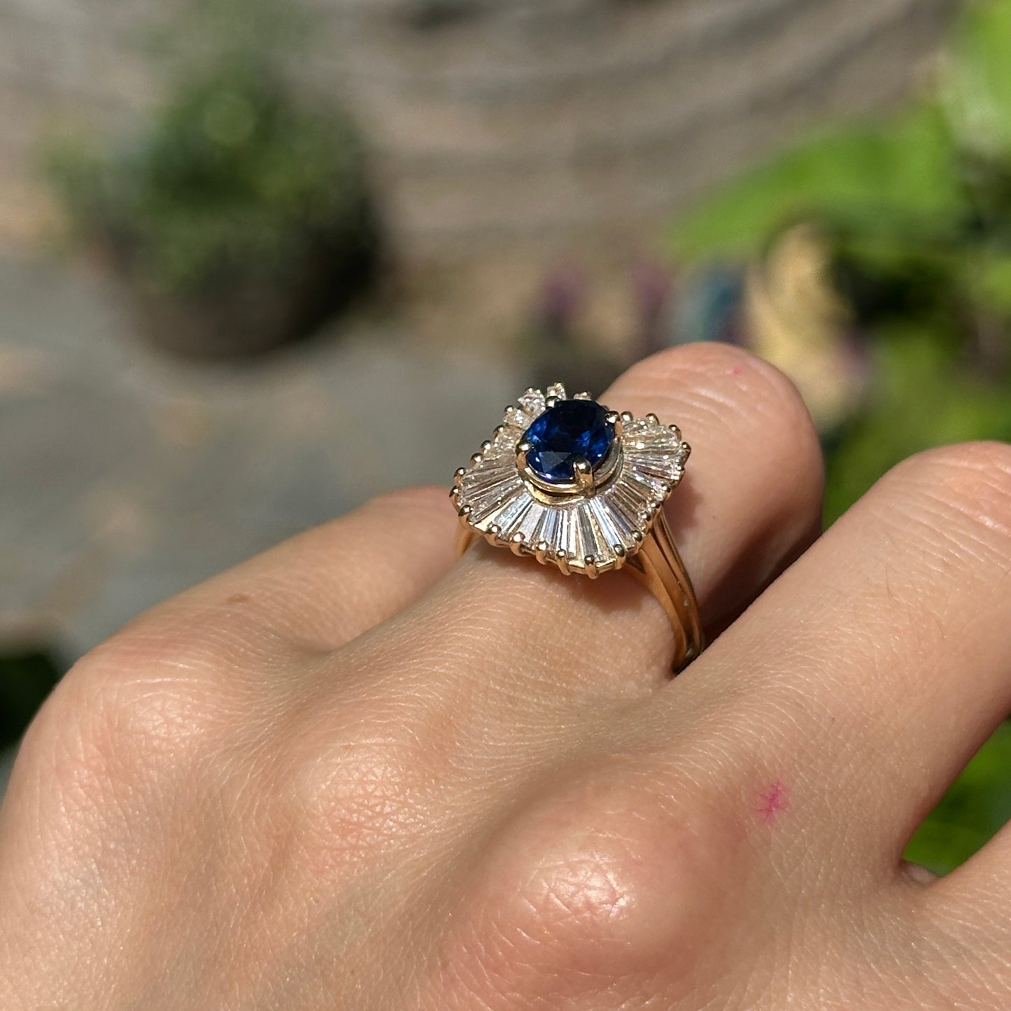 Estate 14KT Yellow Gold Oval Sapphire + Baguette Diamond Halo Ring - LSJ