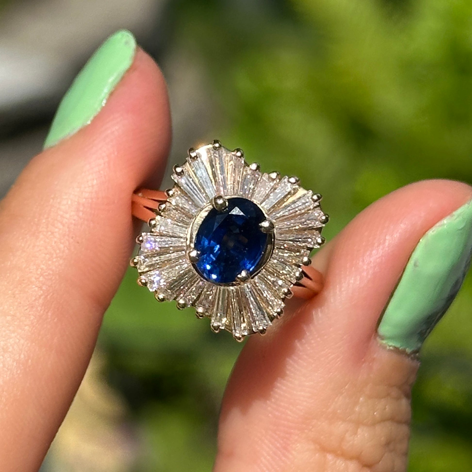 Estate 14KT Yellow Gold Oval Sapphire + Baguette Diamond Halo Ring - LSJ