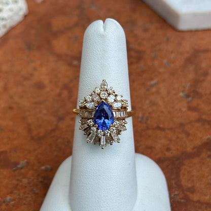 Estate 18KT Yellow Gold Pear Tanzanite + Multi Shape Diamond Cluster Ring