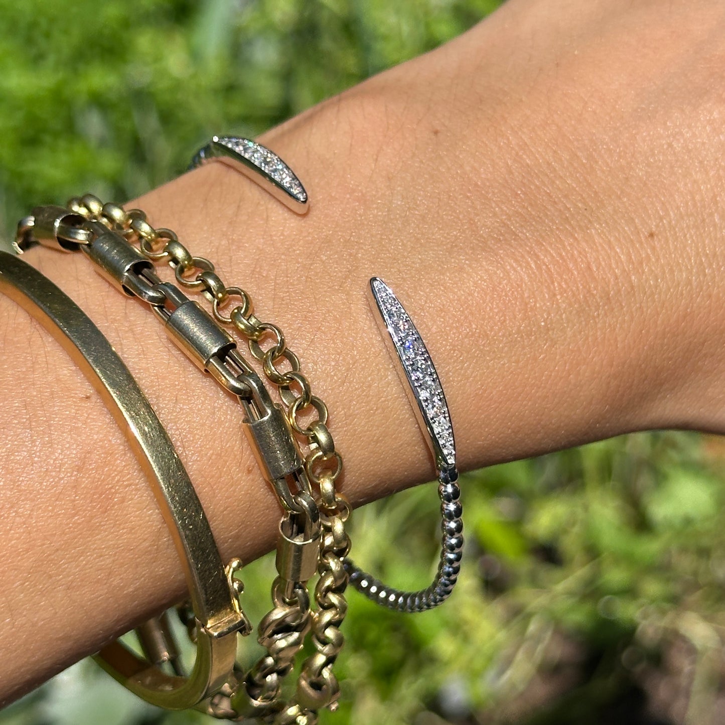 10KT White Gold Diamond Open Cuff Beaded Bracelet