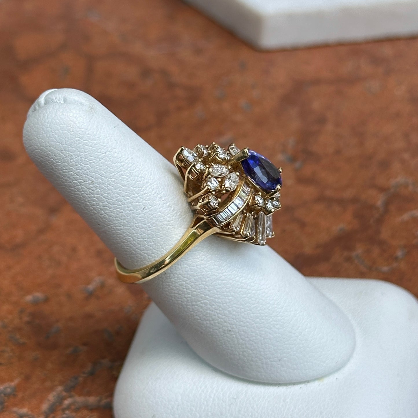Estate 18KT Yellow Gold Pear Tanzanite + Multi Shape Diamond Cluster Ring