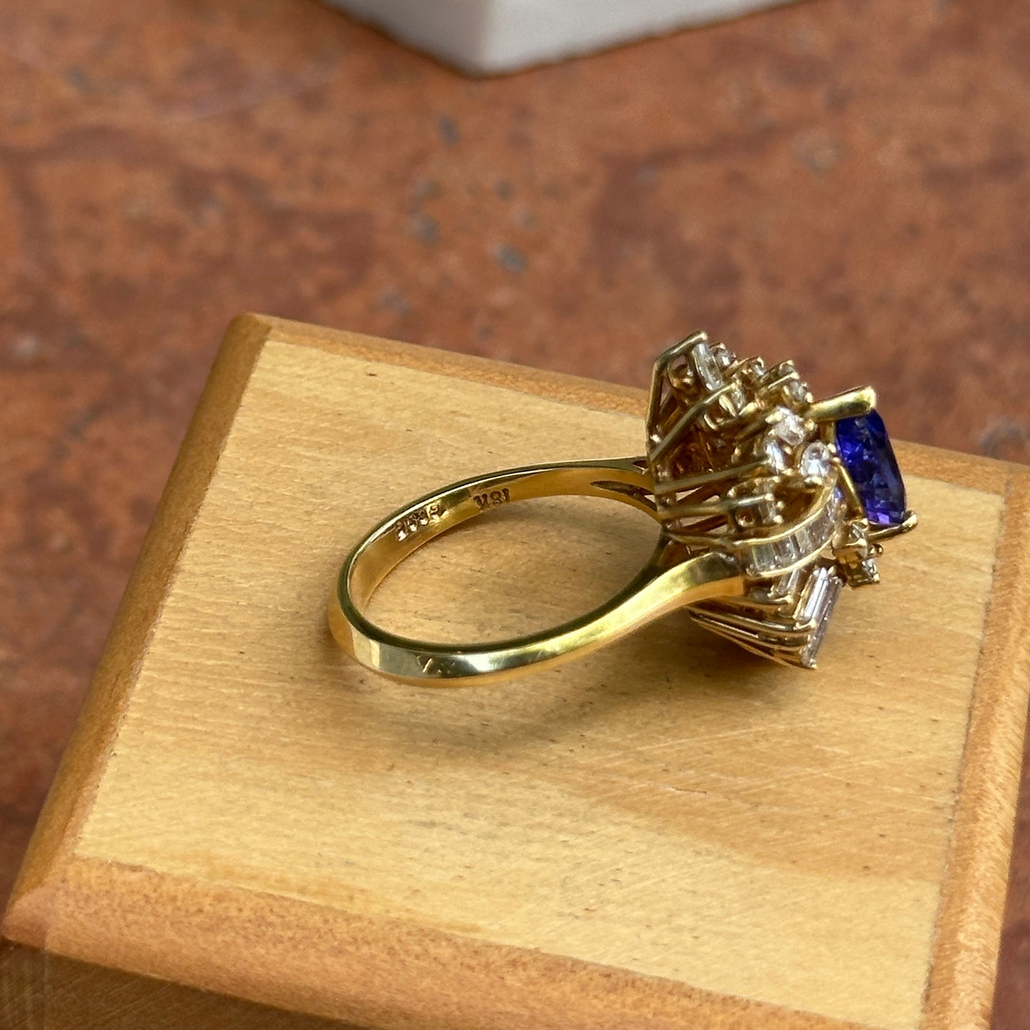 Estate 18KT Yellow Gold Pear Tanzanite + Multi Shape Diamond Cluster Ring