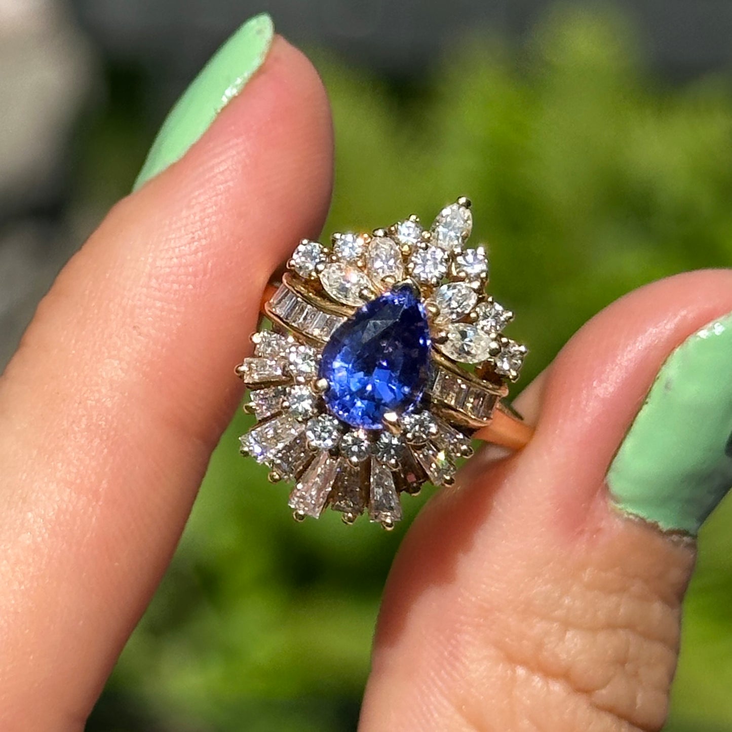 Estate 18KT Yellow Gold Pear Tanzanite + Multi Shape Diamond Cluster Ring