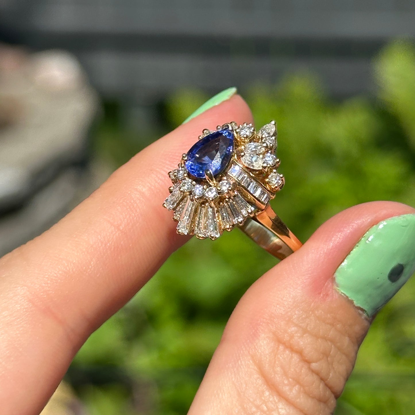 Estate 18KT Yellow Gold Pear Tanzanite + Multi Shape Diamond Cluster Ring