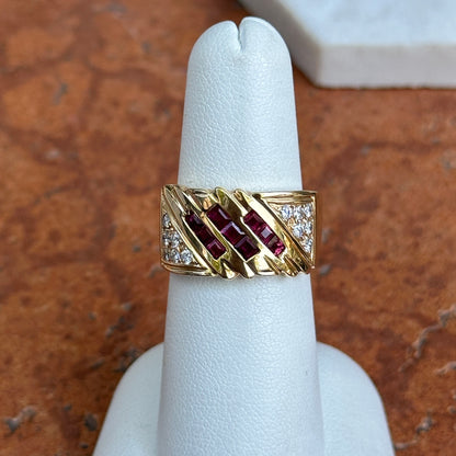 Estate 14KT Yellow Gold Princess Cut Ruby + Round Diamond Channel & Pave Set Band Ring
