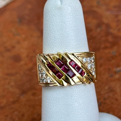 Estate 14KT Yellow Gold Princess Cut Ruby + Round Diamond Channel & Pave Set Band Ring