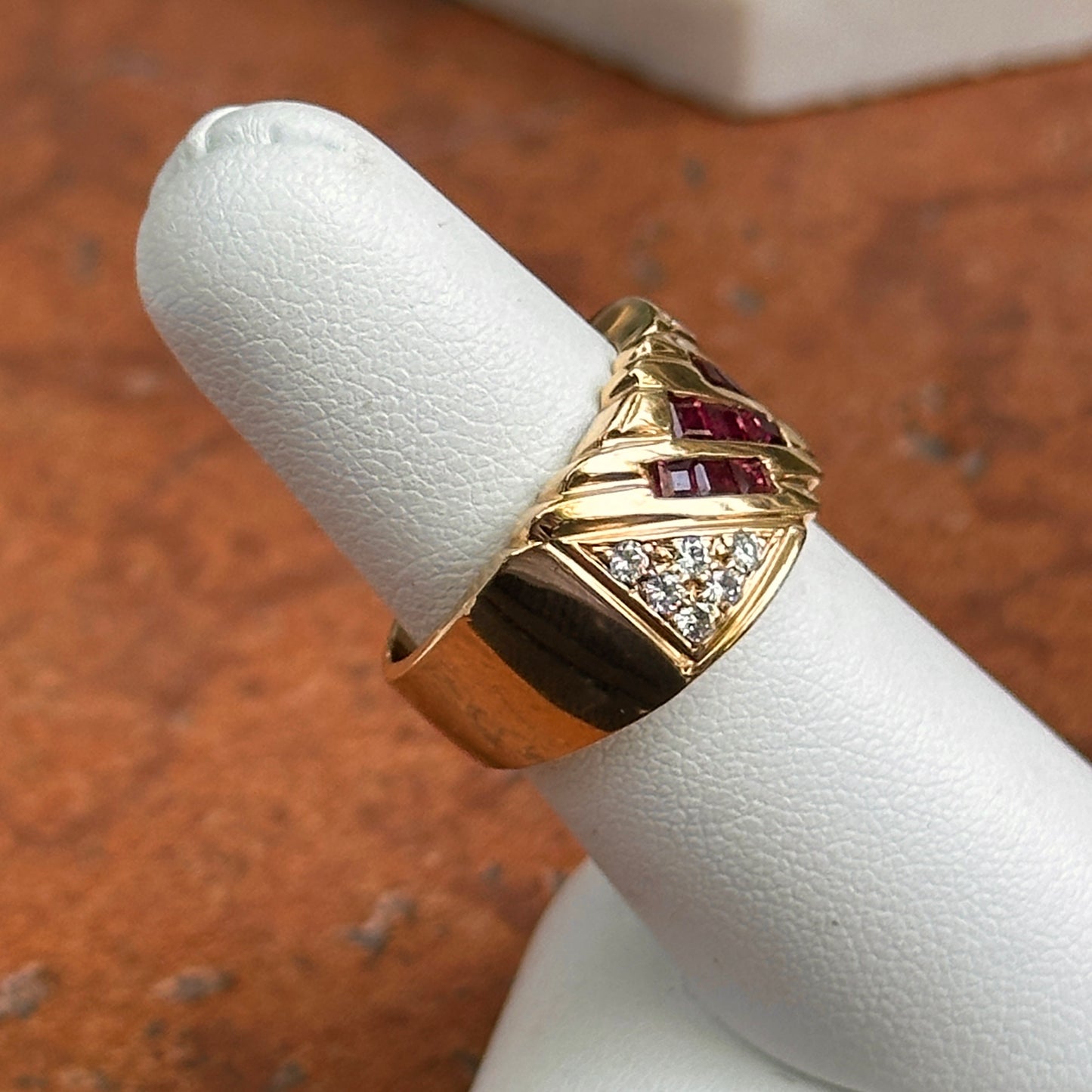 Estate 14KT Yellow Gold Princess Cut Ruby + Round Diamond Channel & Pave Set Band Ring