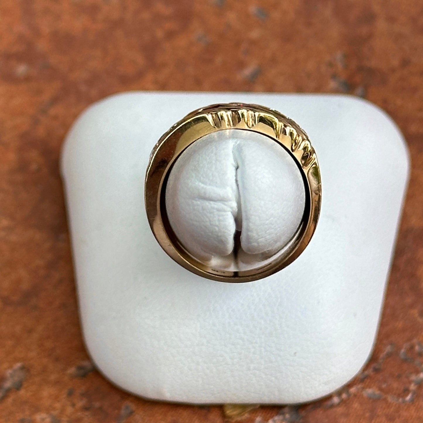 Estate 14KT Yellow Gold Princess Cut Ruby + Round Diamond Channel & Pave Set Band Ring