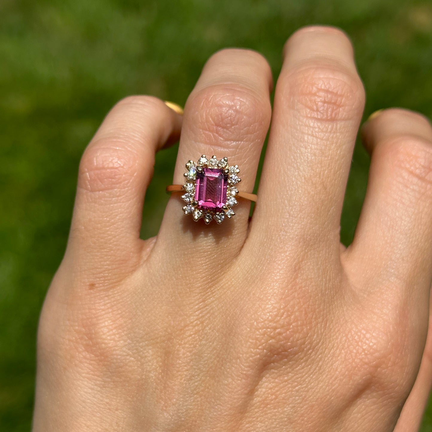 Estate 18KT Yellow Gold Emerald-Cut Pink Tourmaline + Diamond Halo Ring