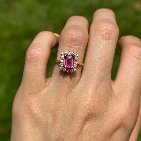 Estate 18KT Yellow Gold Emerald-Cut Pink Tourmaline + Diamond Halo Ring