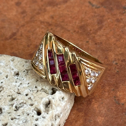 Estate 14KT Yellow Gold Princess Cut Ruby + Round Diamond Channel & Pave Set Band Ring