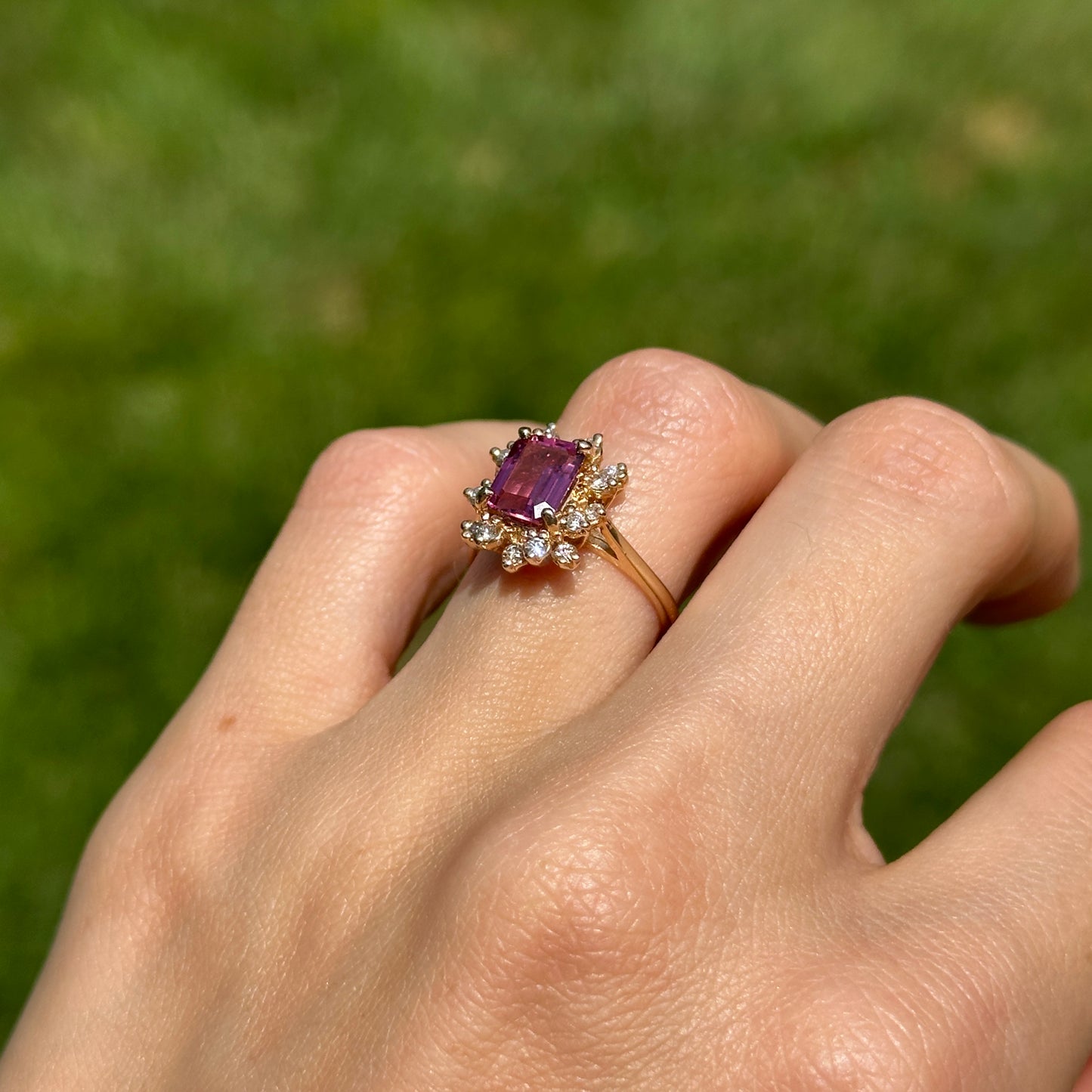 Estate 18KT Yellow Gold Emerald-Cut Pink Tourmaline + Diamond Halo Ring