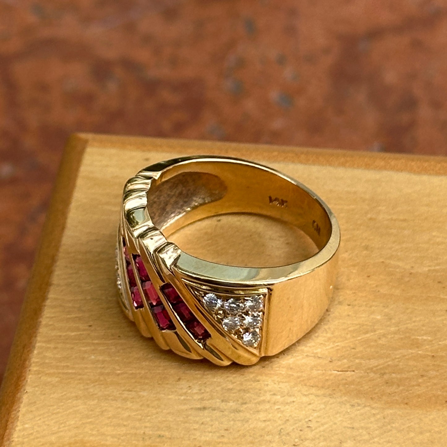 Estate 14KT Yellow Gold Princess Cut Ruby + Round Diamond Channel & Pave Set Band Ring