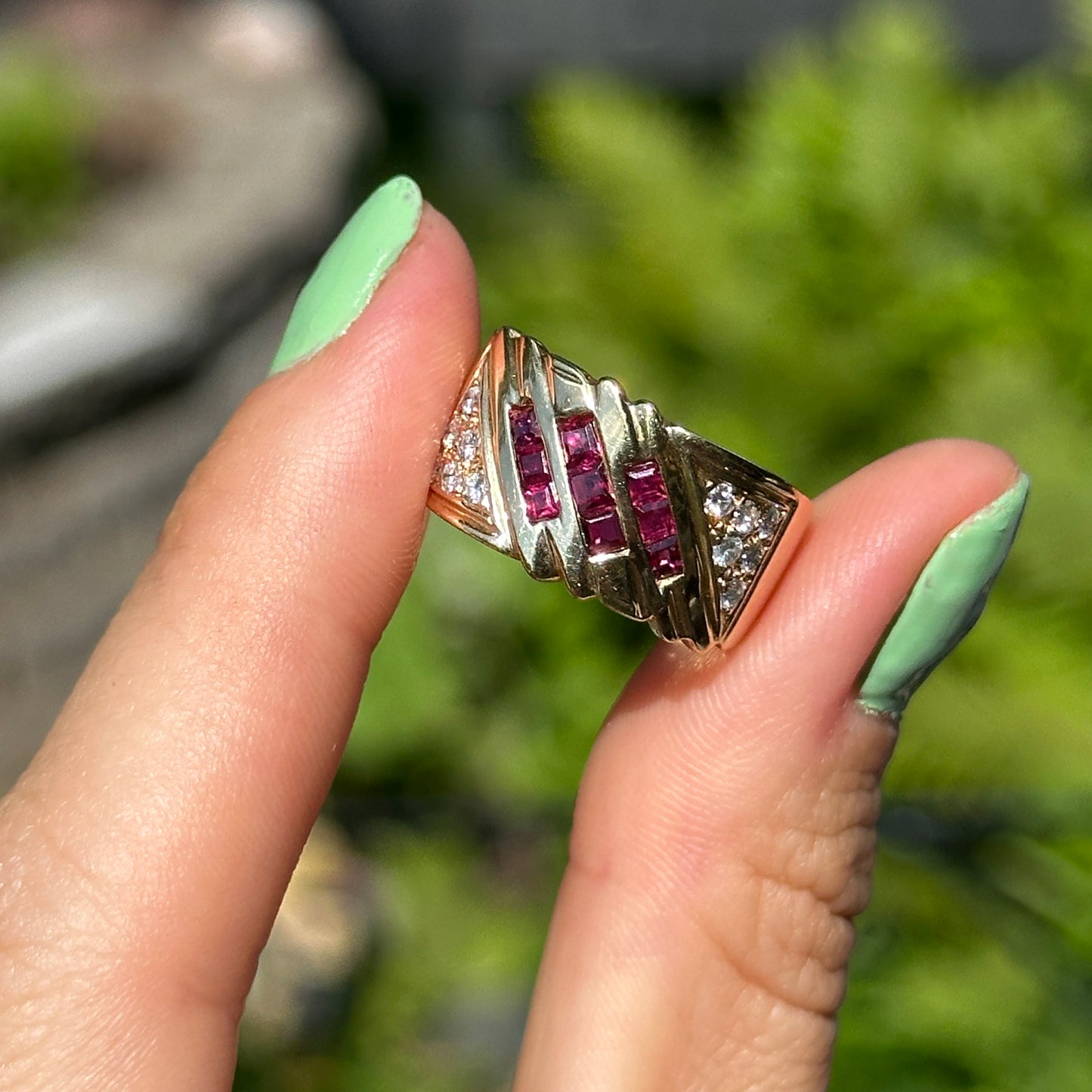 Estate 14KT Yellow Gold Princess Cut Ruby + Round Diamond Channel & Pave Set Band Ring