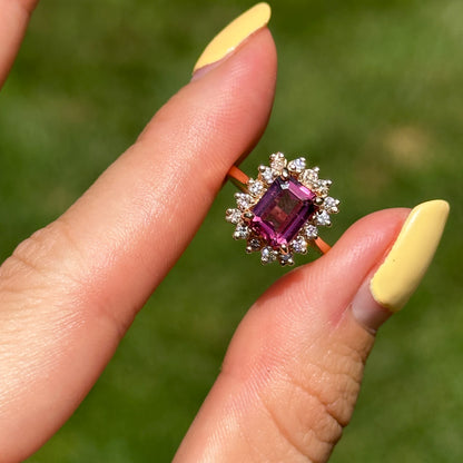 Estate 18KT Yellow Gold Emerald-Cut Pink Tourmaline + Diamond Halo Ring