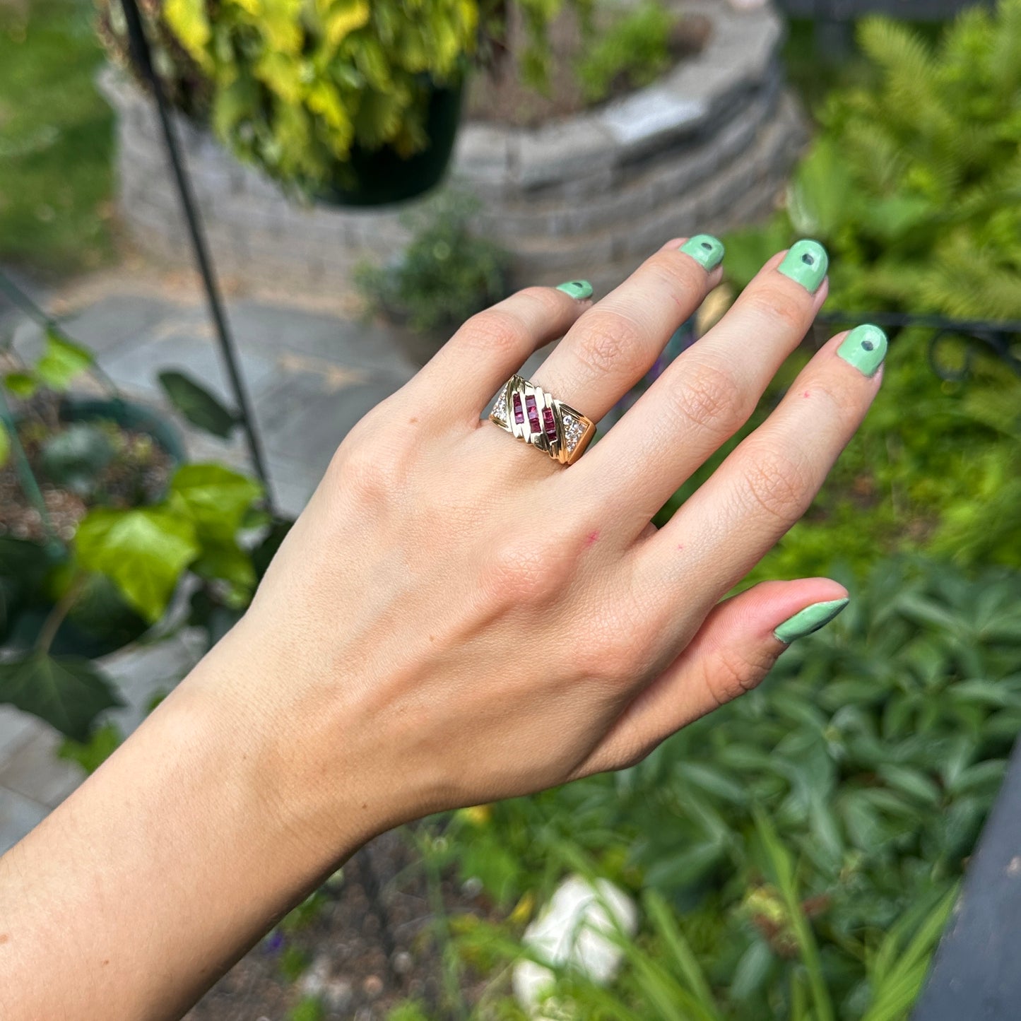 Estate 14KT Yellow Gold Princess Cut Ruby + Round Diamond Channel & Pave Set Band Ring