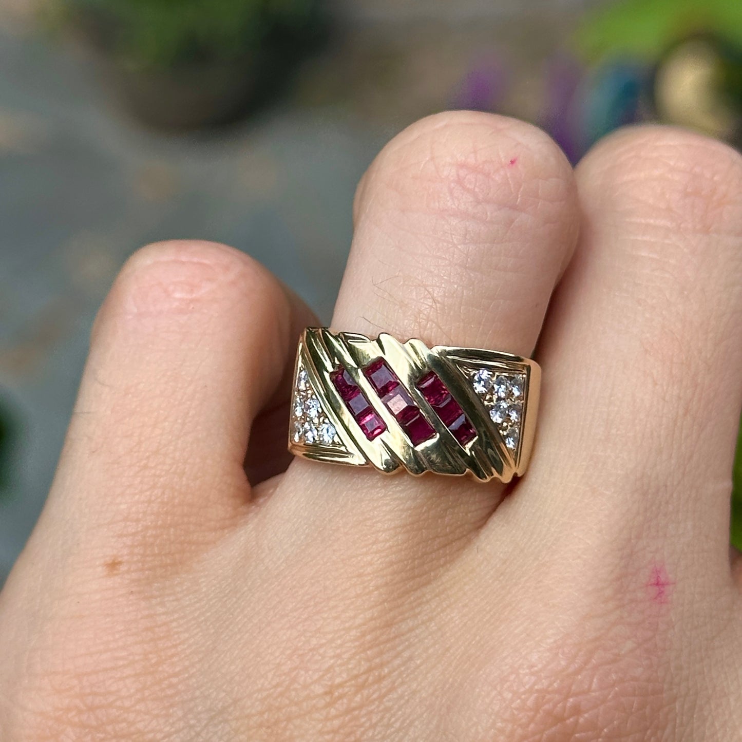 Estate 14KT Yellow Gold Princess Cut Ruby + Round Diamond Channel & Pave Set Band Ring