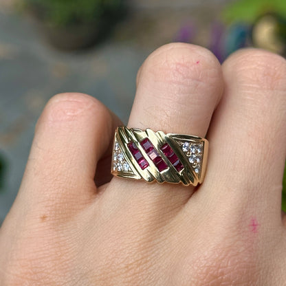 Estate 14KT Yellow Gold Princess Cut Ruby + Round Diamond Channel & Pave Set Band Ring