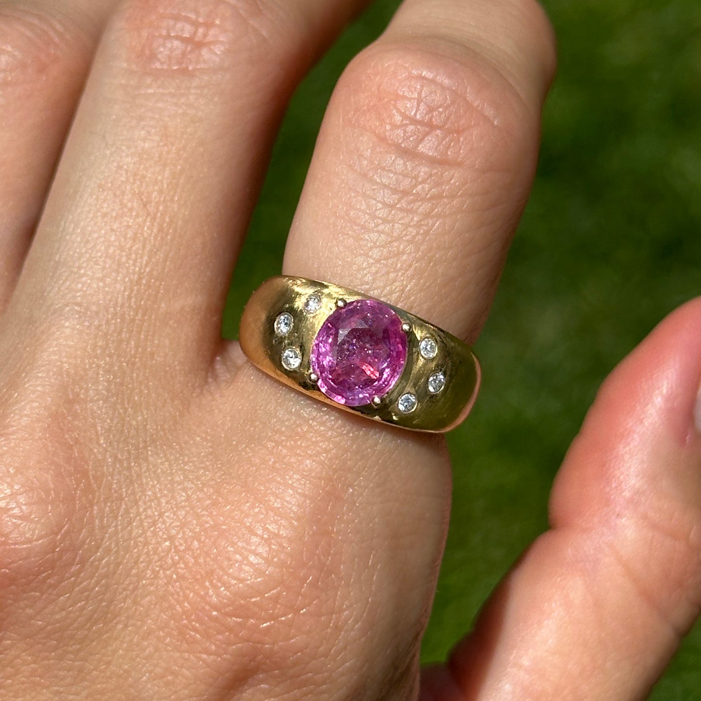 Estate 14KT Yellow Gold Oval Pink Sapphire + Diamond Dome Ring