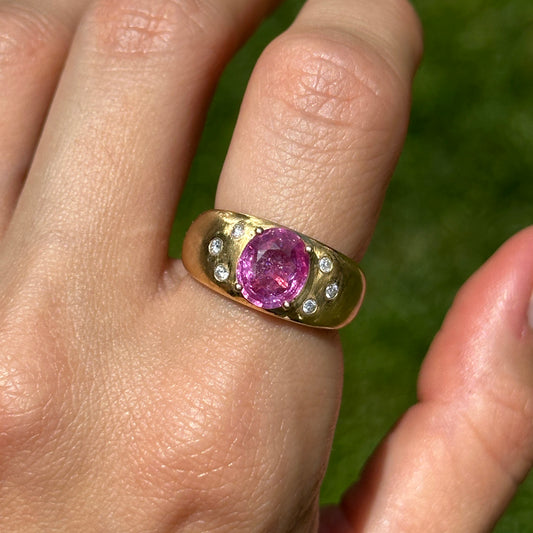 Estate 14KT Yellow Gold Oval Pink Sapphire + Diamond Dome Ring
