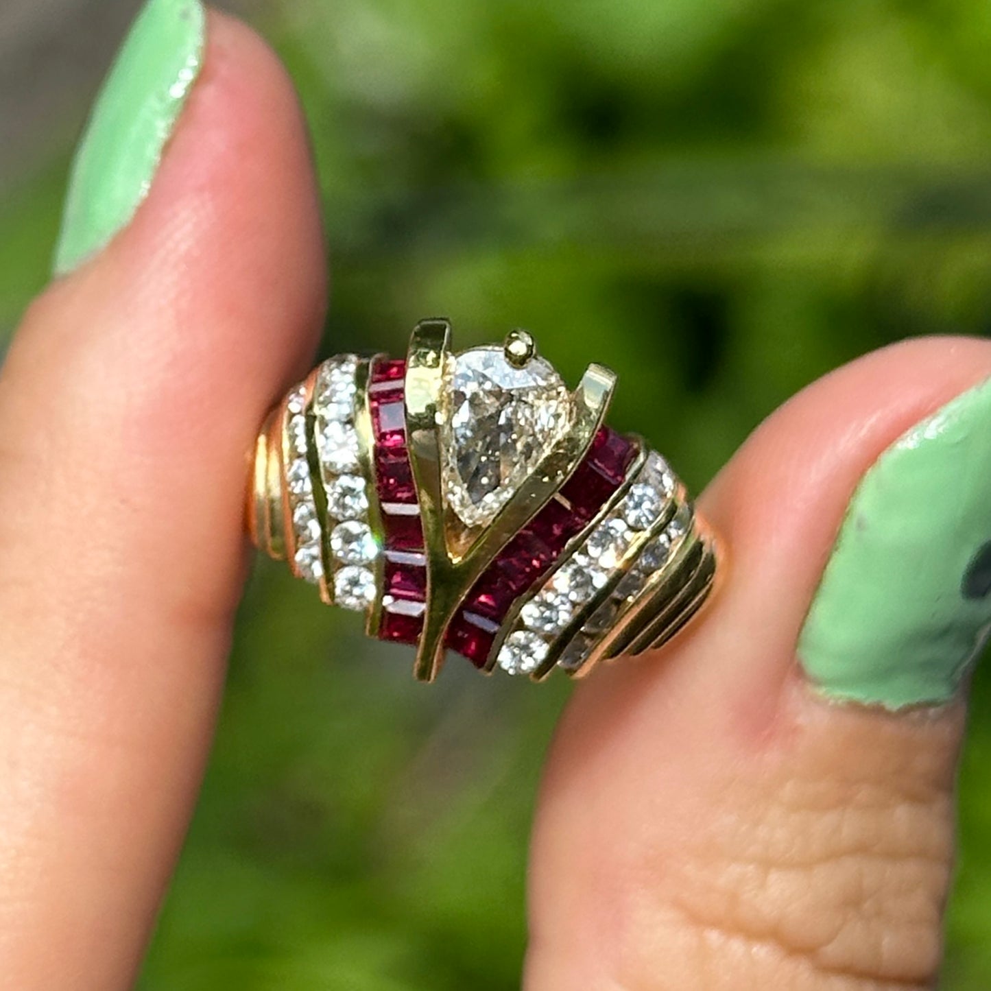 Estate 18KT Yellow Gold Pear Shape Diamond + Princess Cut Rubies Ring