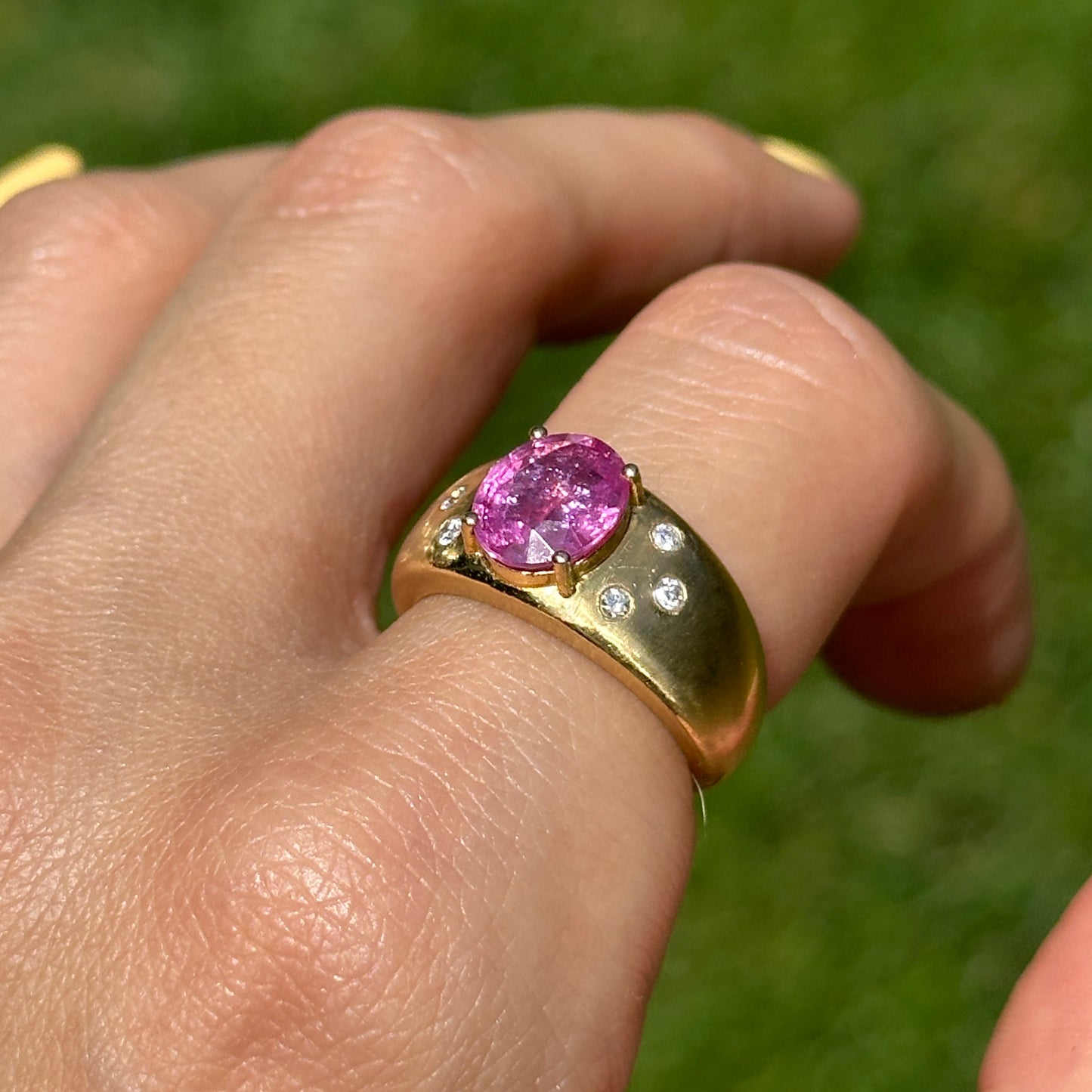 Estate 14KT Yellow Gold Oval Pink Sapphire + Diamond Dome Ring
