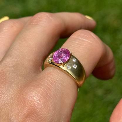 Estate 14KT Yellow Gold Oval Pink Sapphire + Diamond Dome Ring