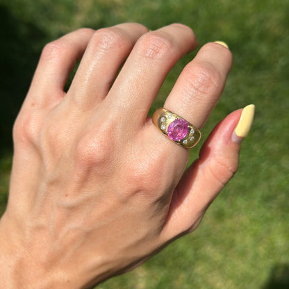 Estate 14KT Yellow Gold Oval Pink Sapphire + Diamond Dome Ring