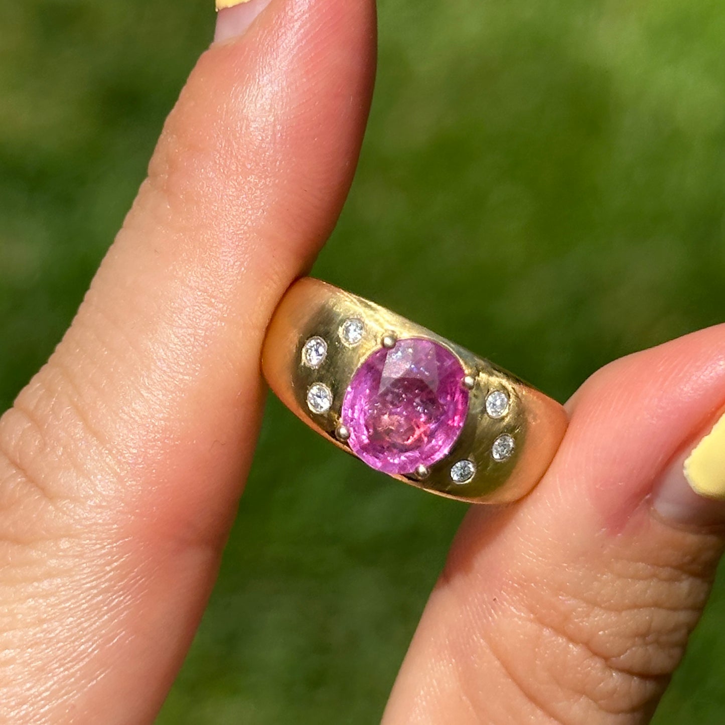 Estate 14KT Yellow Gold Oval Pink Sapphire + Diamond Dome Ring