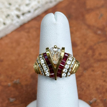 Estate 18KT Yellow Gold Pear Shape Diamond + Princess Cut Rubies Ring