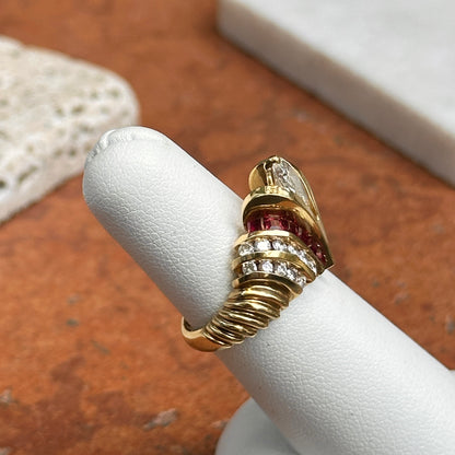 Estate 18KT Yellow Gold Pear Shape Diamond + Princess Cut Rubies Ring